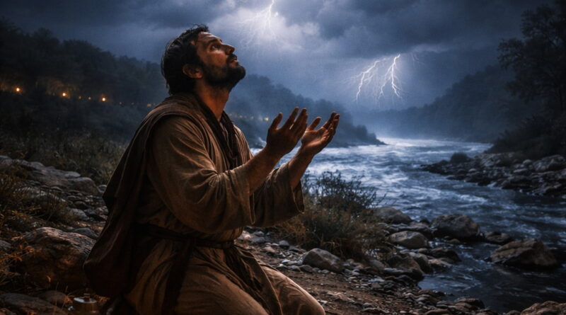 Photorealistic night prayer scene with a distressed worshiper and distant storm-lit sea, reflecting Psalm 77’s turn from sorrow to faith by remembering God’s deliverance.
