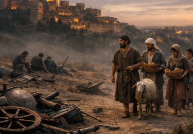 Photorealistic scene near Zion with broken ancient weapons and humble worshipers bringing offerings, showing God’s victory and righteous judgment in Psalm 76.