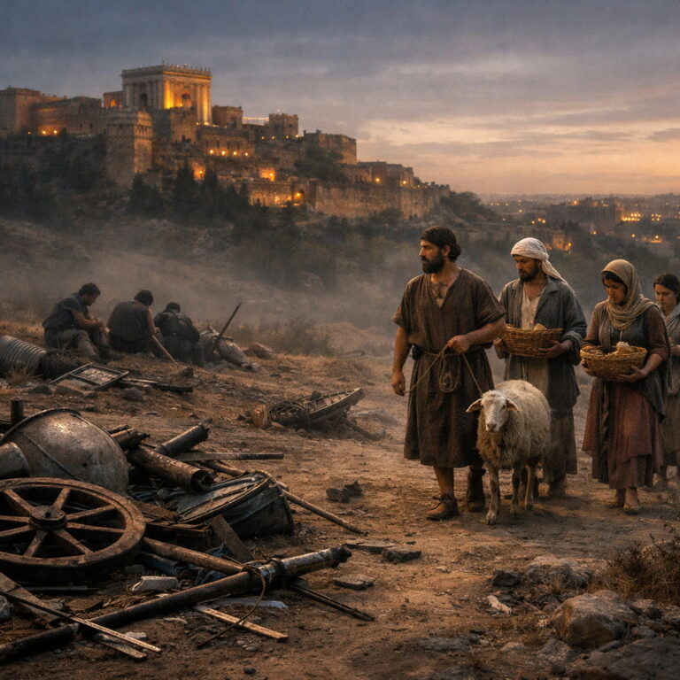 Photorealistic scene near Zion with broken ancient weapons and humble worshipers bringing offerings, showing God’s victory and righteous judgment in Psalm 76.
