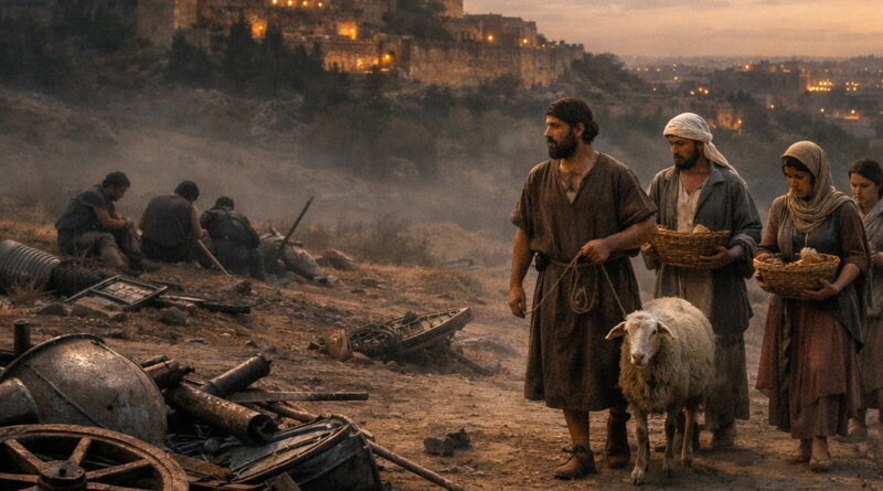 Photorealistic scene near Zion with broken ancient weapons and humble worshipers bringing offerings, showing God’s victory and righteous judgment in Psalm 76.