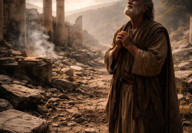 A ruined biblical-era sanctuary with a grieving figure, reflecting the lament and plea for God’s intervention in Psalm 74.