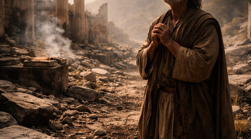 A ruined biblical-era sanctuary with a grieving figure, reflecting the lament and plea for God’s intervention in Psalm 74.