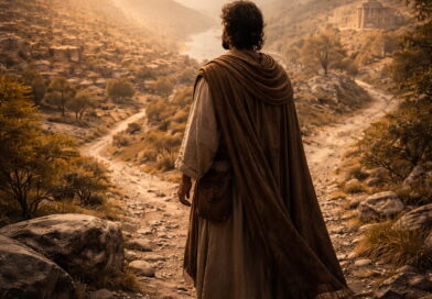 A biblical-era man reflecting at a crossroads between worldly prosperity and God’s sanctuary, expressing the message of Psalm 73.