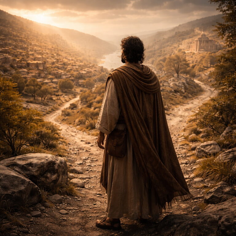 A biblical-era man reflecting at a crossroads between worldly prosperity and God’s sanctuary, expressing the message of Psalm 73.