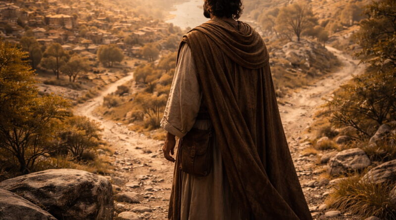 A biblical-era man reflecting at a crossroads between worldly prosperity and God’s sanctuary, expressing the message of Psalm 73.