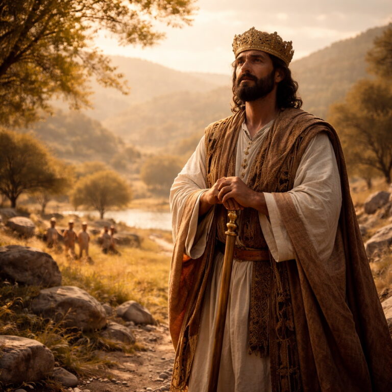 A righteous biblical-era king ruling with justice and peace, reflecting God’s blessing and compassion described in Psalm 72.