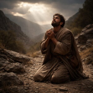 A man in biblical-era clothing urgently praying for God’s deliverance in a wilderness setting, reflecting the message of Psalm 70.