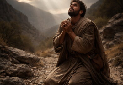 A man in biblical-era clothing urgently praying for God’s deliverance in a wilderness setting, reflecting the message of Psalm 70.