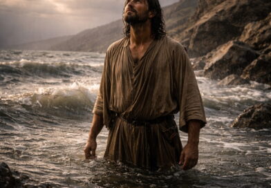 A solitary biblical figure standing in deep waters, expressing suffering and a plea for deliverance in the context of Psalm 69.