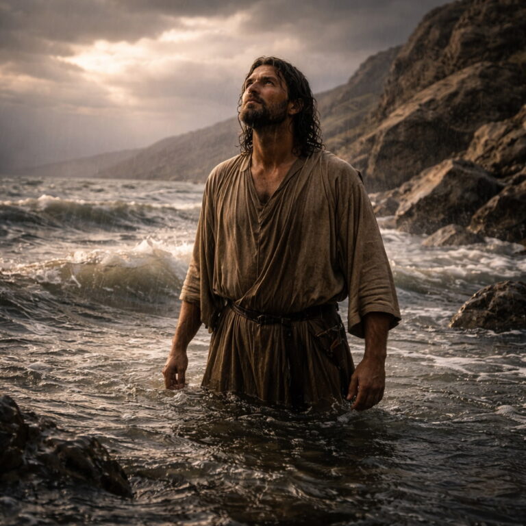 A solitary biblical figure standing in deep waters, expressing suffering and a plea for deliverance in the context of Psalm 69.