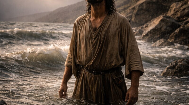 A solitary biblical figure standing in deep waters, expressing suffering and a plea for deliverance in the context of Psalm 69.