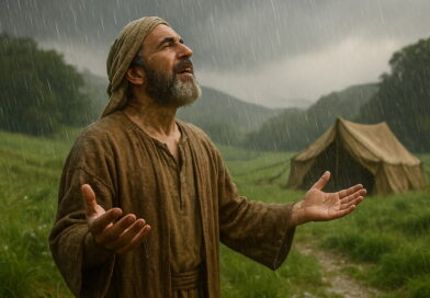 A man stands in heavy rain with lifted hands, giving thanks as water renews the dry landscape around him.