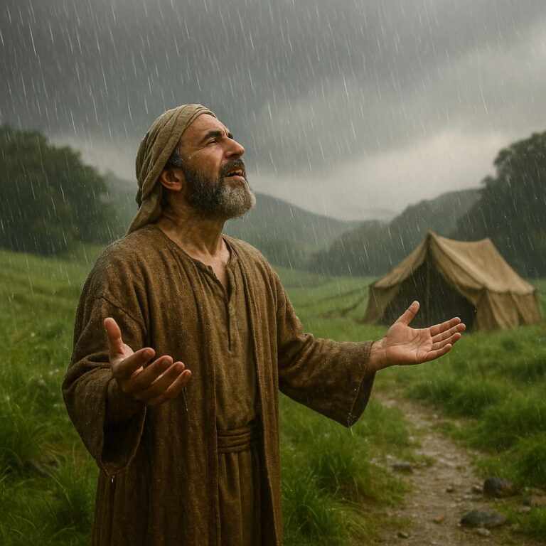 A man stands in heavy rain with lifted hands, giving thanks as water renews the dry landscape around him.