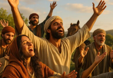A joyful group of people in biblical-era clothing raise their hands in praise as they sing together in a sunlit landscape.