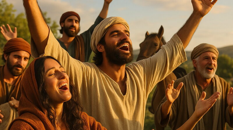 A joyful group of people in biblical-era clothing raise their hands in praise as they sing together in a sunlit landscape.