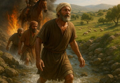 Four weary men wade through a stream toward a peaceful valley, while smoke and a mounted oppressor rise behind them.