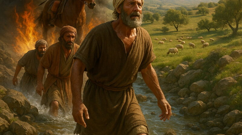 Four weary men wade through a stream toward a peaceful valley, while smoke and a mounted oppressor rise behind them.