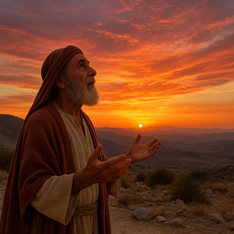An elderly man stands on rocky terrain, lifting his hands as he gazes at a radiant sunrise or sunset glowing over distant hills.