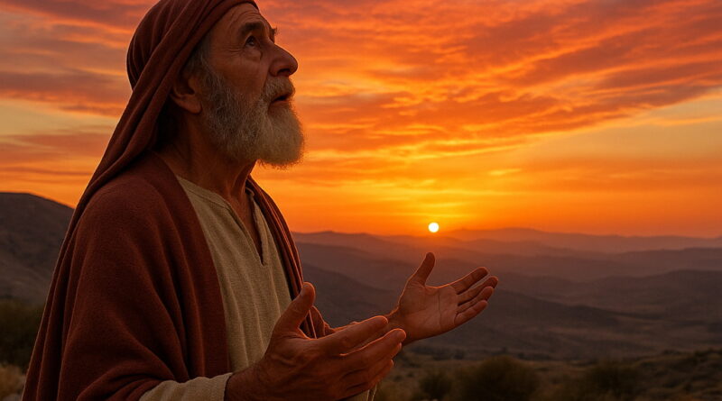 An elderly man stands on rocky terrain, lifting his hands as he gazes at a radiant sunrise or sunset glowing over distant hills.
