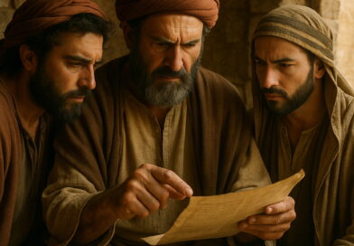 Three men intensely study an ancient parchment in a stone chamber, their expressions focused and serious.