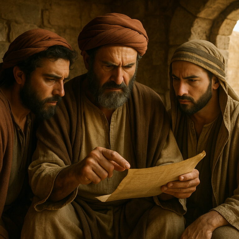 Three men intensely study an ancient parchment in a stone chamber, their expressions focused and serious.