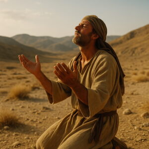 A man kneels in a barren desert with uplifted hands, praying earnestly as sunlight falls on his face.