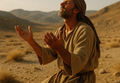 A man kneels in a barren desert with uplifted hands, praying earnestly as sunlight falls on his face.