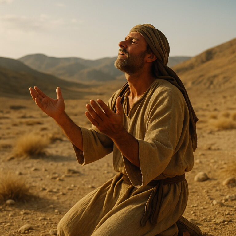 A man kneels in a barren desert with uplifted hands, praying earnestly as sunlight falls on his face.