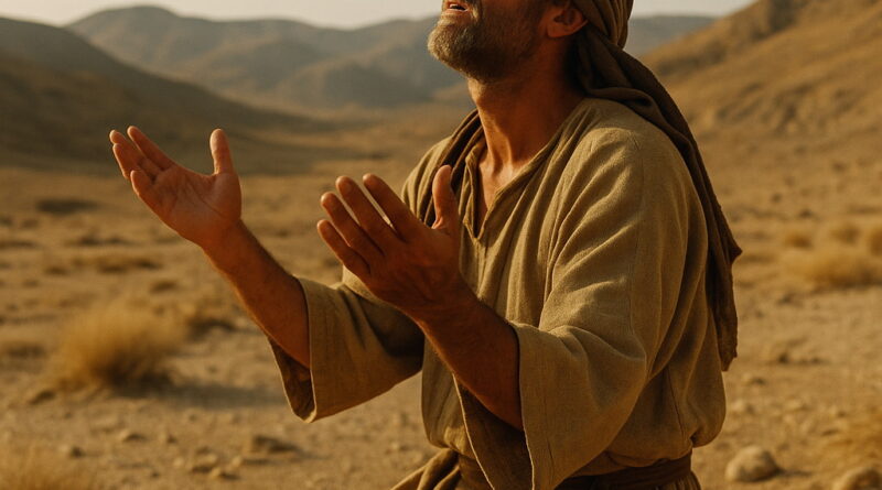 A man kneels in a barren desert with uplifted hands, praying earnestly as sunlight falls on his face.