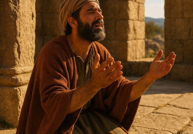 A man in biblical-era clothing kneels in an ancient stone structure, lifting his hands in prayer as warm sunlight shines on him.