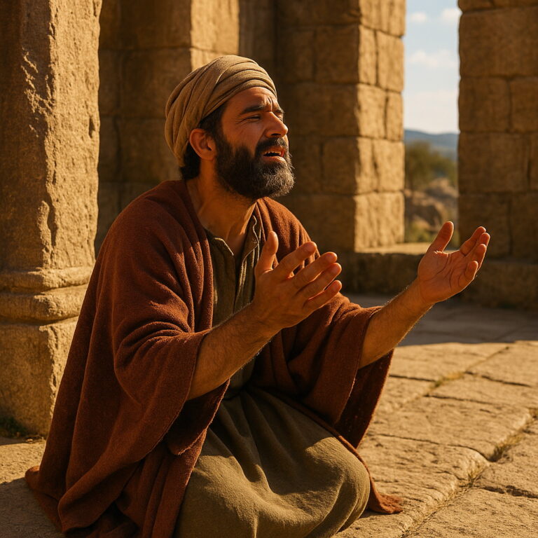 A man in biblical-era clothing kneels in an ancient stone structure, lifting his hands in prayer as warm sunlight shines on him.
