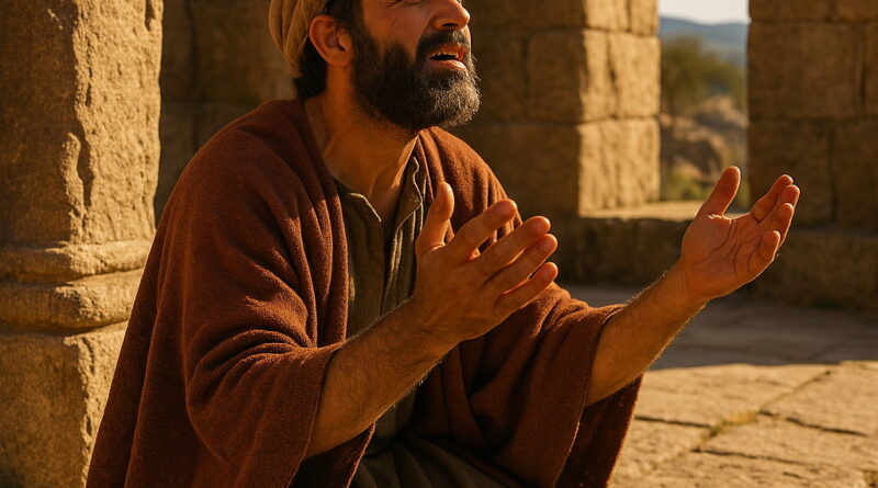 A man in biblical-era clothing kneels in an ancient stone structure, lifting his hands in prayer as warm sunlight shines on him.