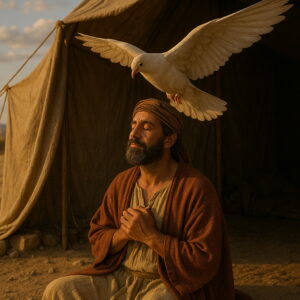 A peaceful man sits outside a biblical-era tent at sunset, eyes closed in prayer as a white dove hovers above him.