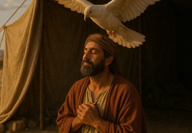A peaceful man sits outside a biblical-era tent at sunset, eyes closed in prayer as a white dove hovers above him.