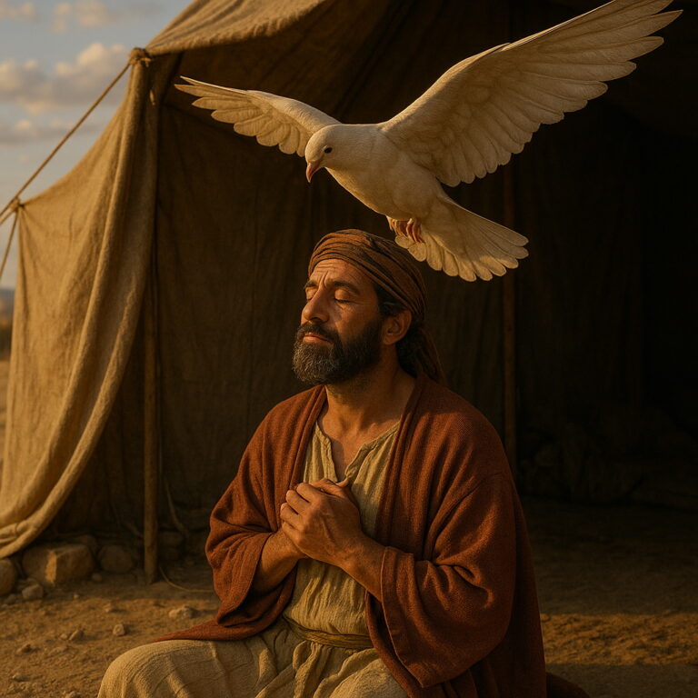 A peaceful man sits outside a biblical-era tent at sunset, eyes closed in prayer as a white dove hovers above him.