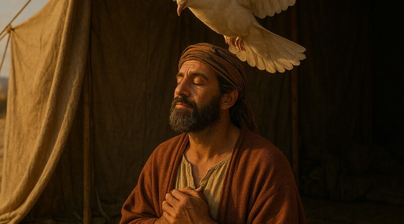 A peaceful man sits outside a biblical-era tent at sunset, eyes closed in prayer as a white dove hovers above him.