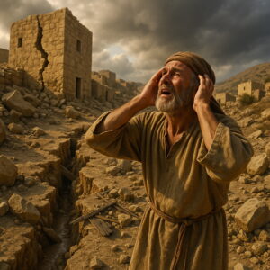 A distressed man stands amid earthquake ruins in an ancient village, looking upward as the ground lies split beneath him.
