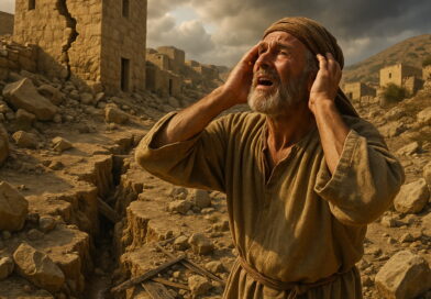 A distressed man stands amid earthquake ruins in an ancient village, looking upward as the ground lies split beneath him.