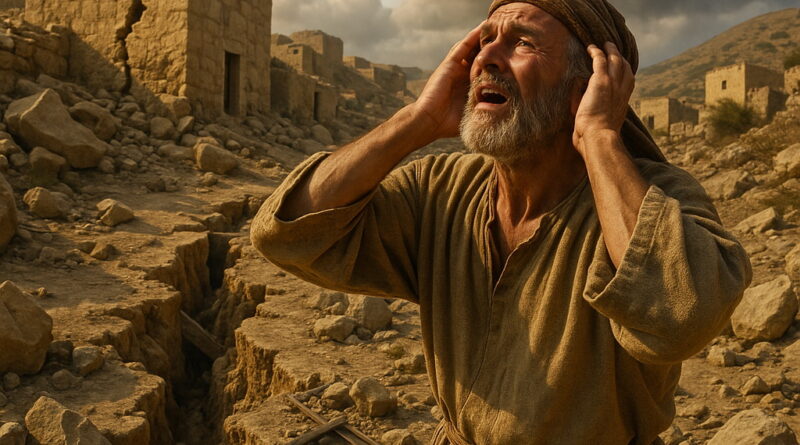 A distressed man stands amid earthquake ruins in an ancient village, looking upward as the ground lies split beneath him.