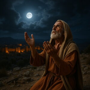 An elderly man stands on a rocky hill under the moonlight, lifting his hands in prayer toward heaven with an ancient city glowing in the distance.
