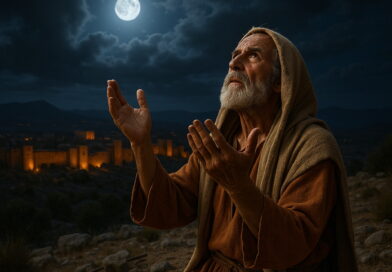 An elderly man stands on a rocky hill under the moonlight, lifting his hands in prayer toward heaven with an ancient city glowing in the distance.