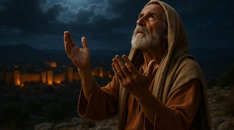 An elderly man stands on a rocky hill under the moonlight, lifting his hands in prayer toward heaven with an ancient city glowing in the distance.