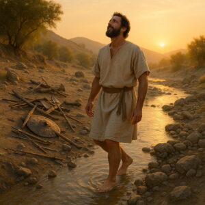 A man walks barefoot in a shallow stream at sunrise, with broken weapons lying on the ground behind him.