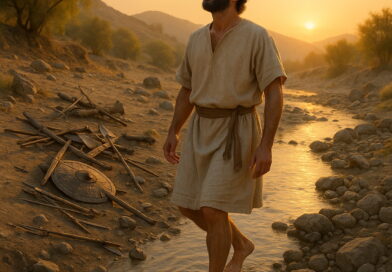 A man walks barefoot in a shallow stream at sunrise, with broken weapons lying on the ground behind him.