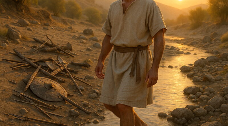A man walks barefoot in a shallow stream at sunrise, with broken weapons lying on the ground behind him.