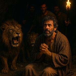 A frightened man kneels in a dark cave surrounded by lions and armed men holding a torch.