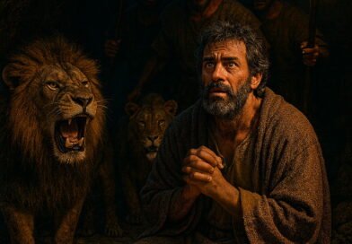 A frightened man kneels in a dark cave surrounded by lions and armed men holding a torch.