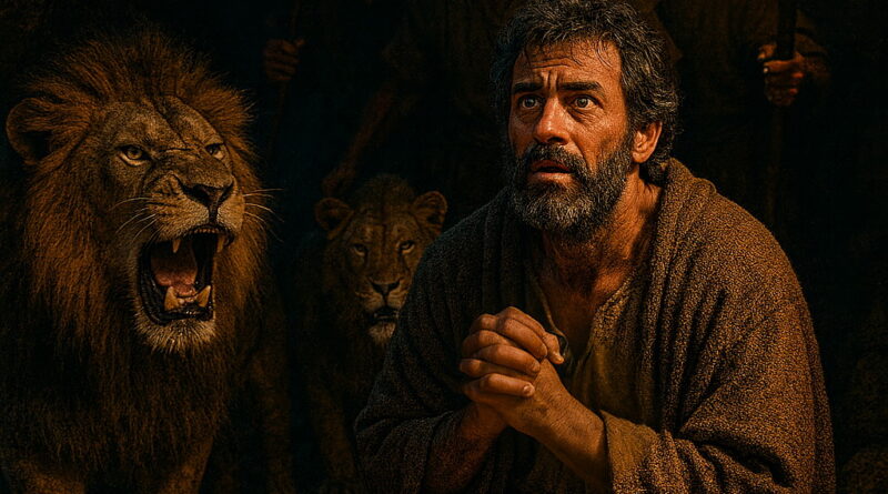 A frightened man kneels in a dark cave surrounded by lions and armed men holding a torch.