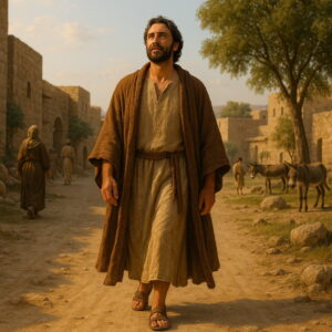 Walking in the Light of the Living - Holy Bible | Evangelium Of Grace A man walks peacefully through an ancient sunlit village, looking upward with gratitude and hope.