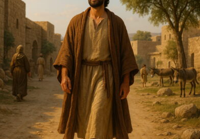 A man walks peacefully through an ancient sunlit village, looking upward with gratitude and hope.